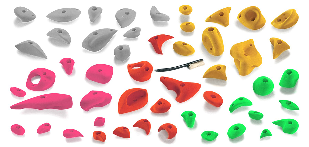 Lot de 50 prises d'escalade - jaunes, grises, rouges, roses et vertes