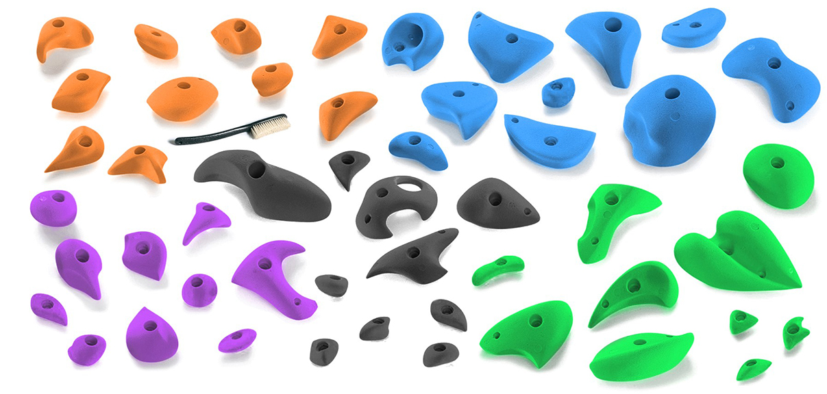 Lot de 50 prises d'escalade - oranges, bleues, violettes et noires
